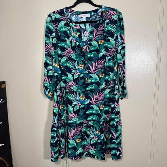 Loft Tropical Palm Henley Flounce Linen Blend Shirt Dress 3/4 Sleeve Size XL - Picture 2 of 8